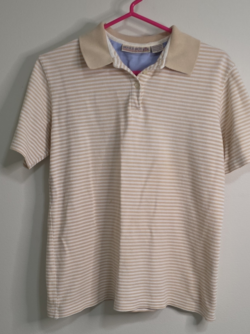 Vintage Bugle Boy Beige/White Striped Cotton Knit Polo Shirt Women's M